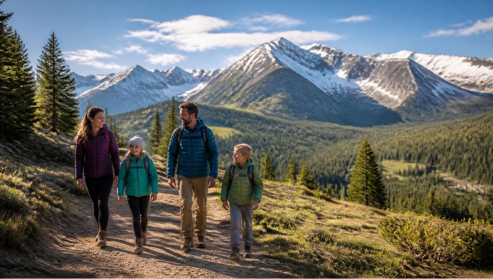 A family hiking a Colorado trail with snow-capped Rocky Mountain peaks behind them